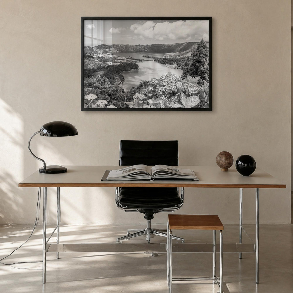 Azores black & white photo poster of Portugal – horizontal wall art in black wood frame, hanging on wall