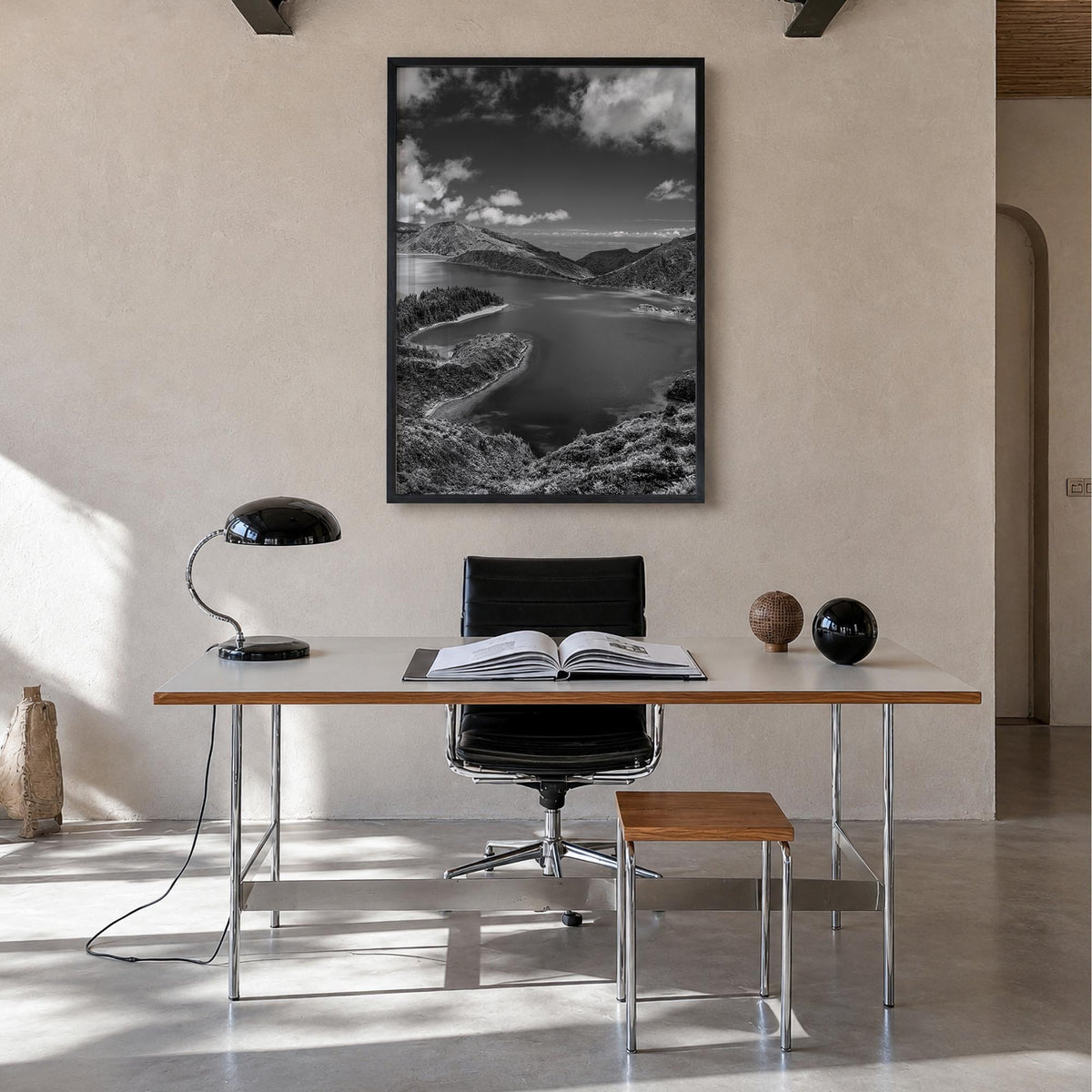 Azores black & white photo poster of Portugal – vertical wall art in black wood frame, hanging on wall