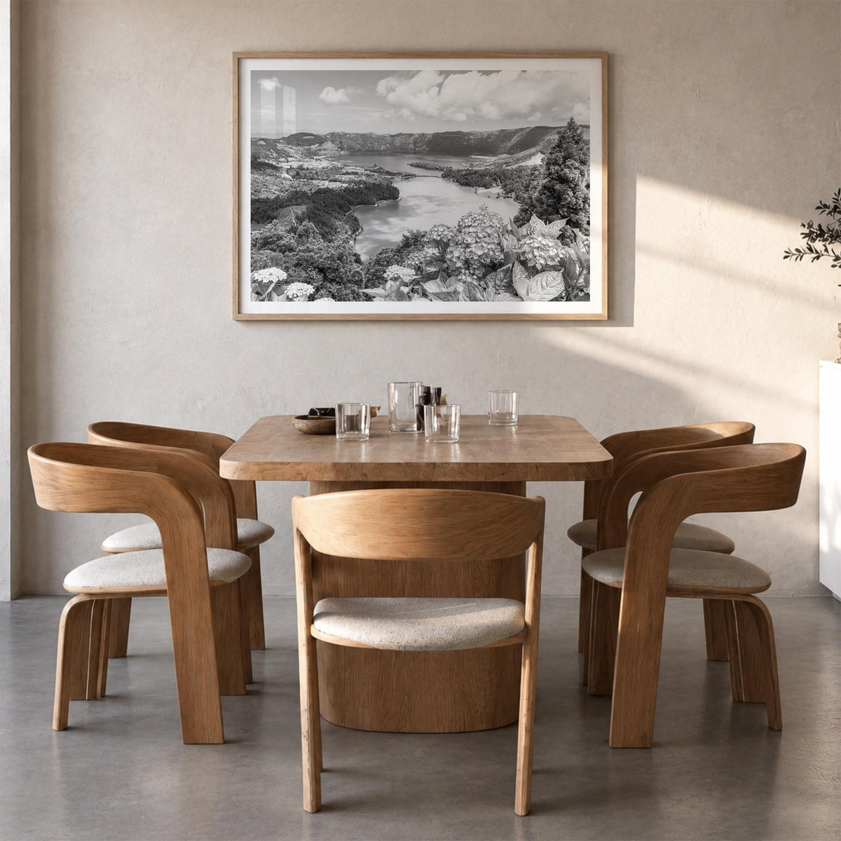 Azores black & white photo poster of Portugal – horizontal wall art in natural wood frame with white border, hanging on wall