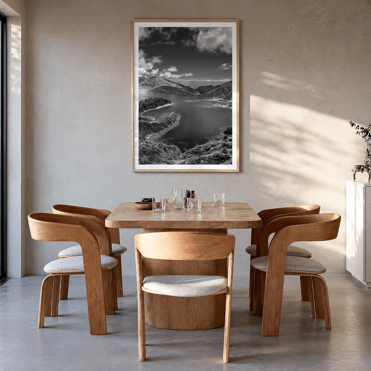 Azores black & white photo poster of Portugal – vertical wall art in natural wood frame with white border, hanging on wall