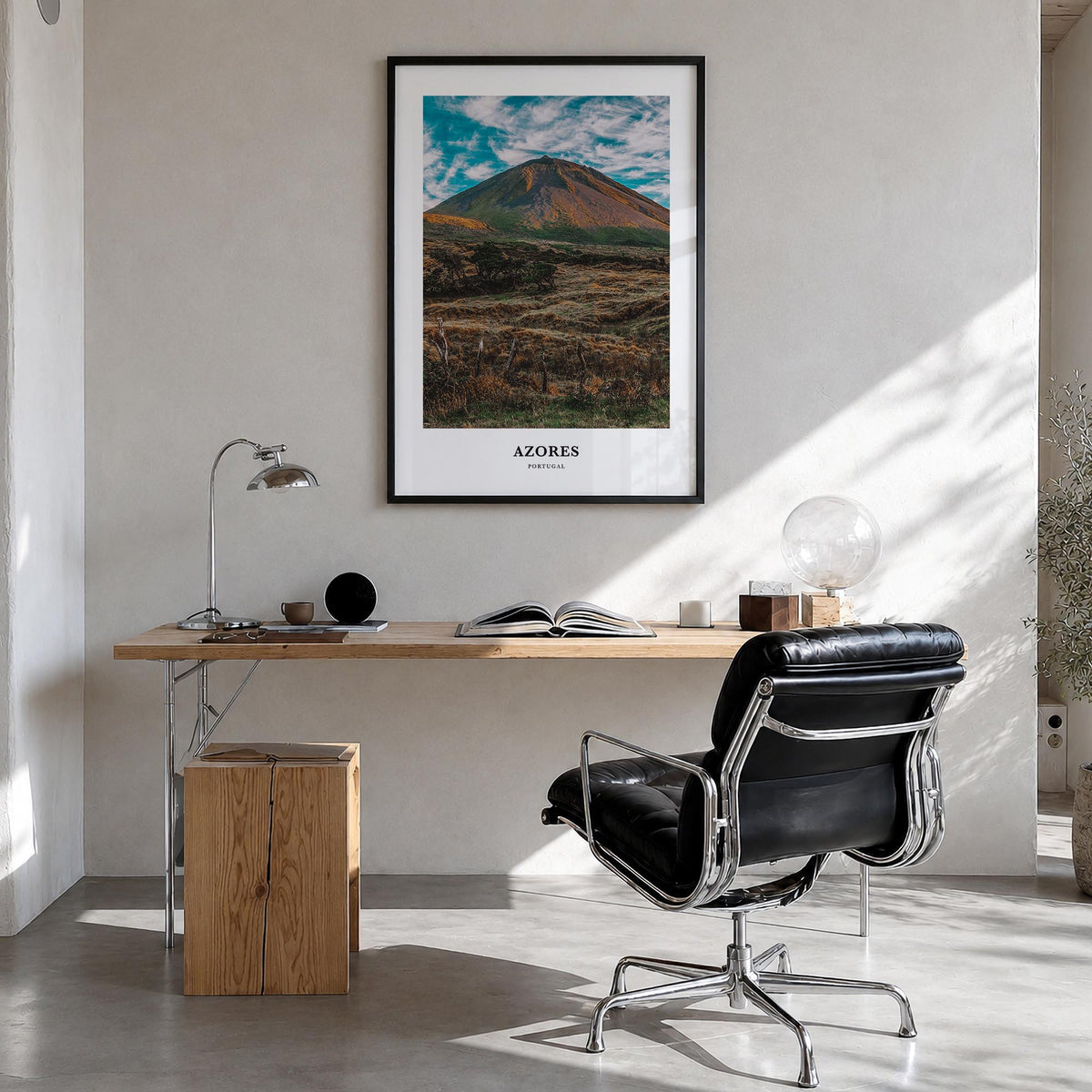 Azores colorful classic poster of Portugal – vertical wall art in black wood frame, hanging on wall