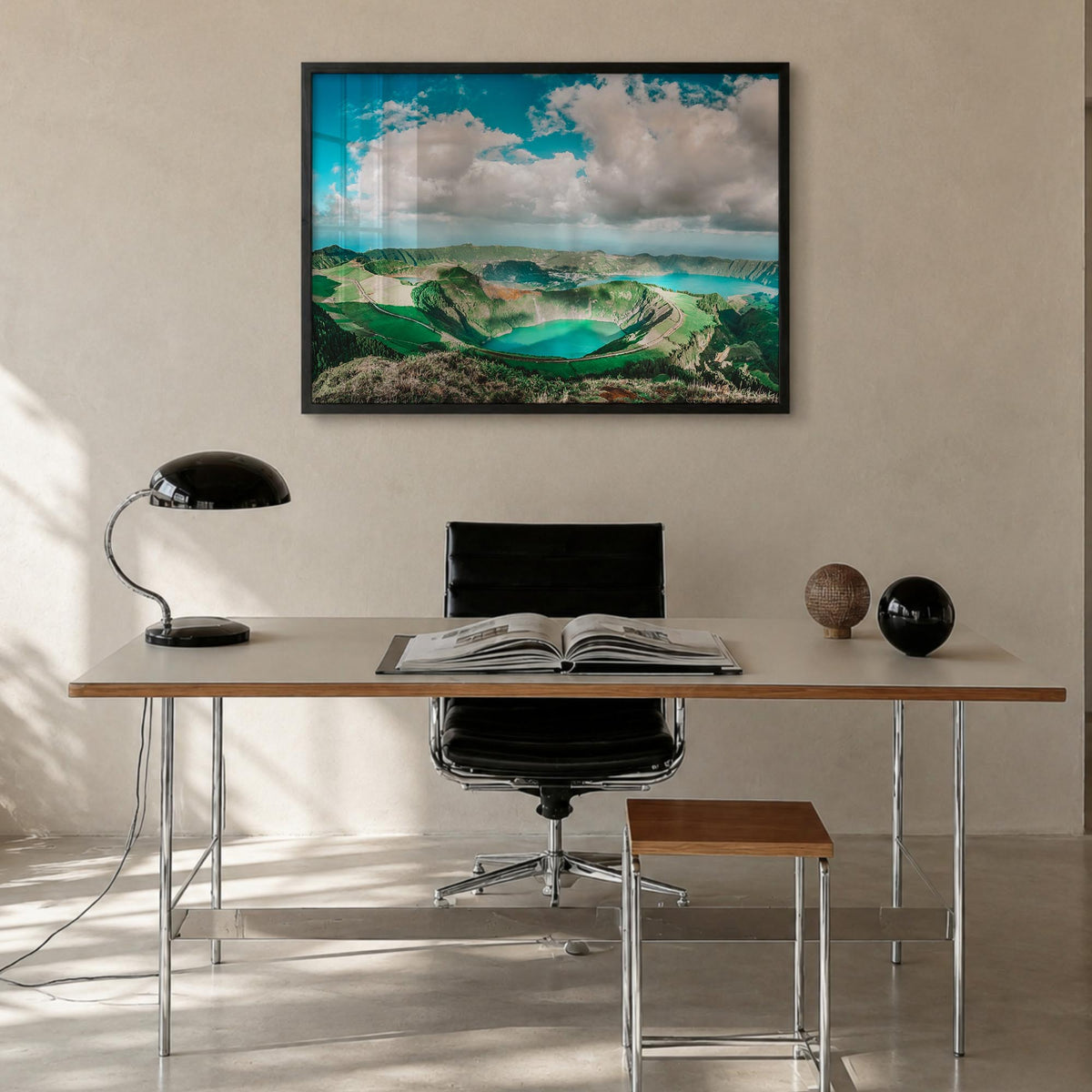 Azores colorful photo poster of Portugal – horizontal wall art in black wood frame, hanging on wall