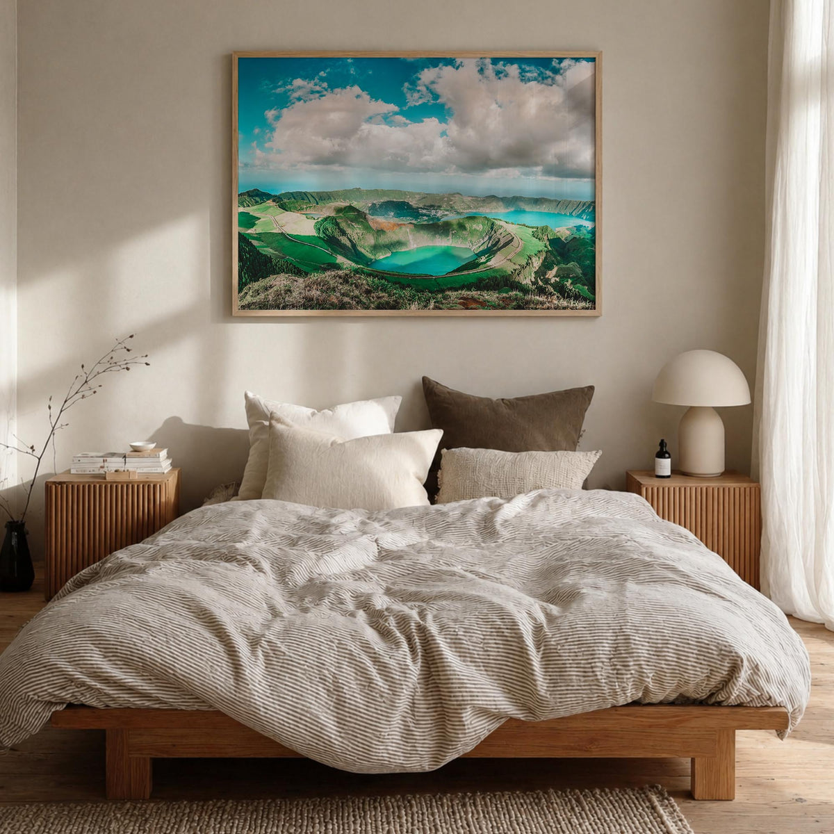 Azores colorful photo poster of Portugal – horizontal wall art in natural wood frame, hanging on wall