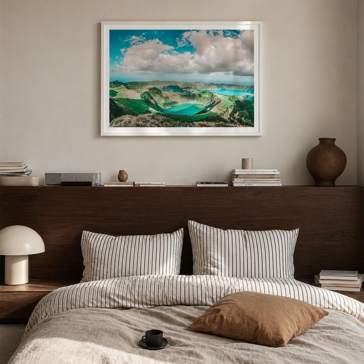 Azores colorful photo poster of Portugal – horizontal wall art in white wood frame with white border, hanging on wall