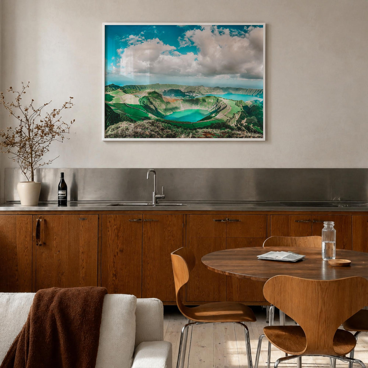 Azores colorful photo poster of Portugal – horizontal wall art in white wood frame, hanging on wall