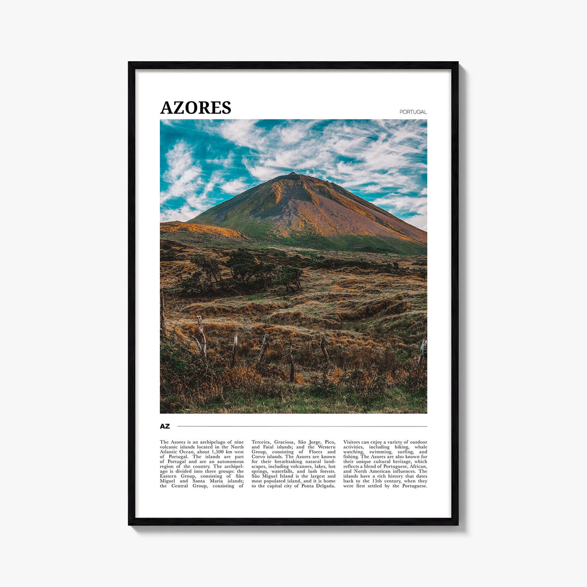 Azores colorful travel poster of Portugal – vertical wall art, unframed print shown in interior mockup