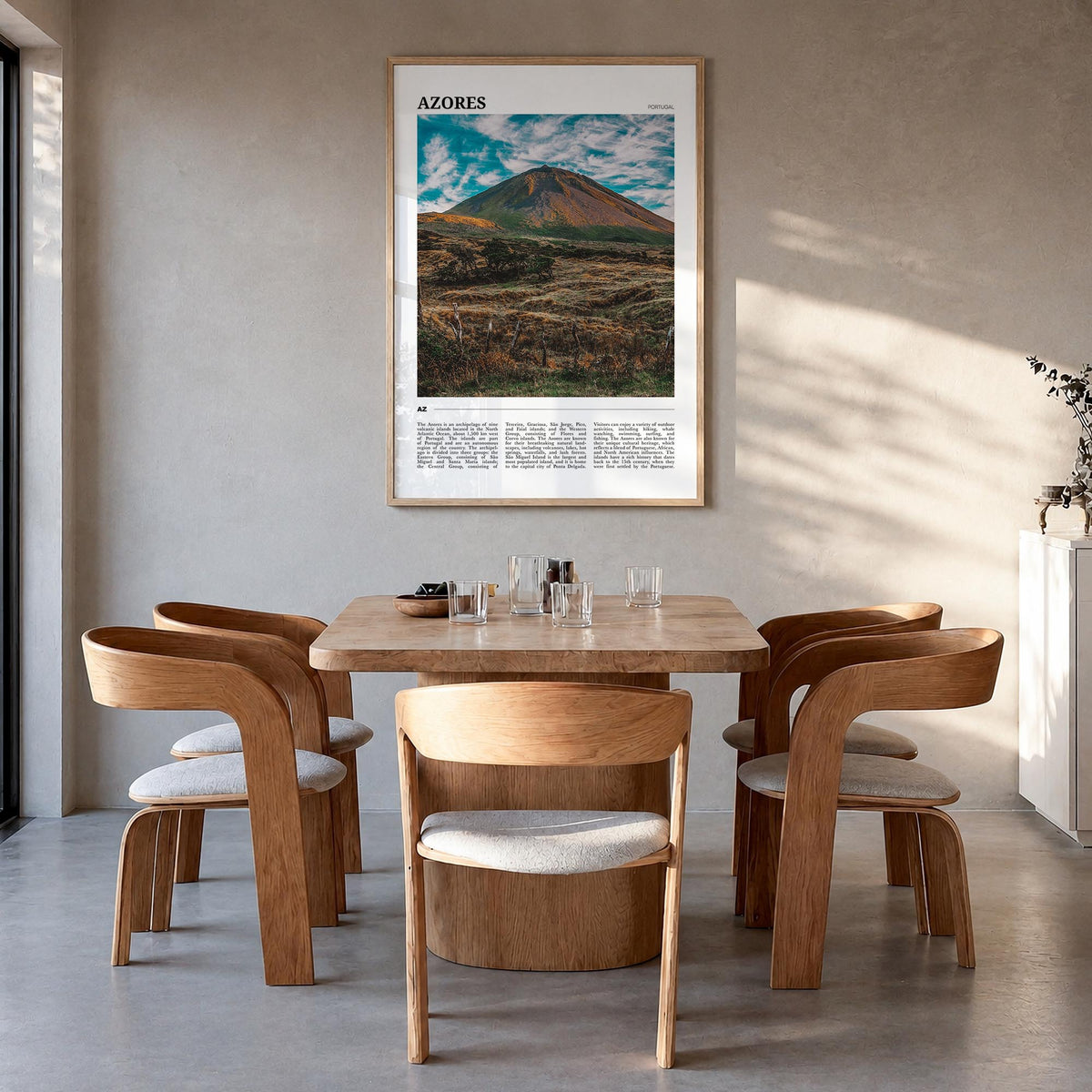 Azores colorful travel poster of Portugal – vertical wall art in natural wood frame, hanging on wall