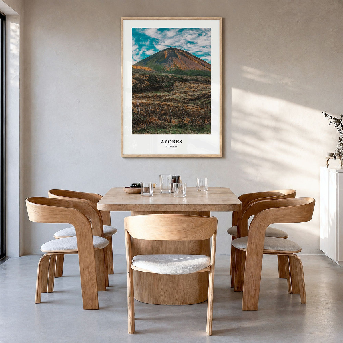 Azores Classic Poster in a natural wood frame, hanging in a dining room
