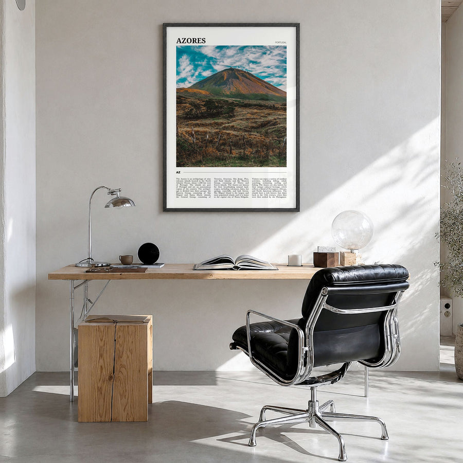 Azores Travel Poster in a black wood frame, hanging in a bright home office