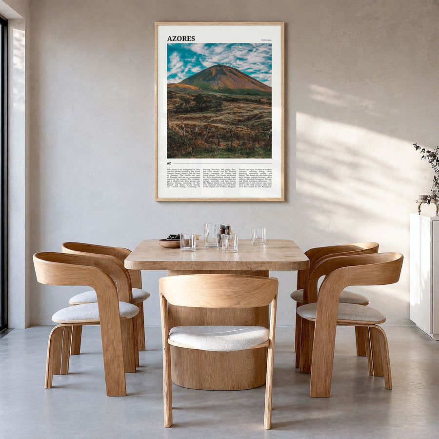 Azores Travel Poster in a natural wood frame, hanging in a dining room