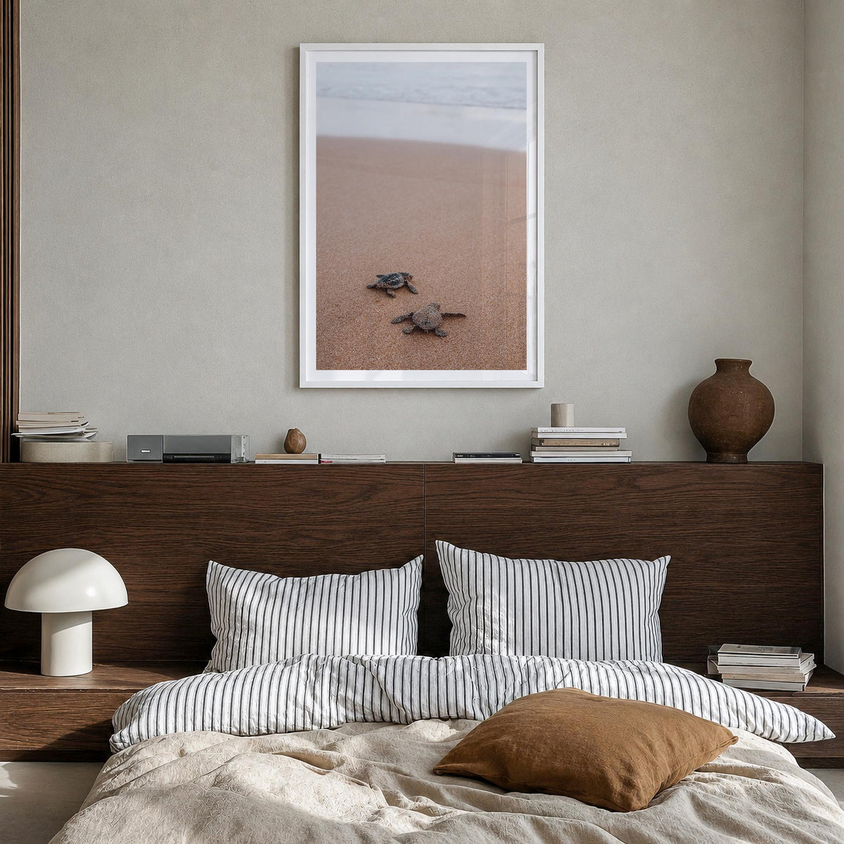 Baby Turtles no. 1 colorful photo poster – vertical wall art in white wood frame with white border, hanging on wall