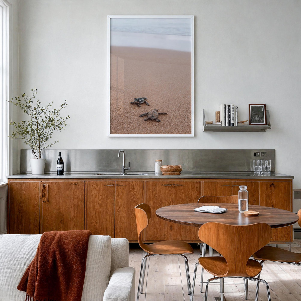 Baby Turtles no. 1 colorful photo poster – vertical wall art in white wood frame, hanging on wall