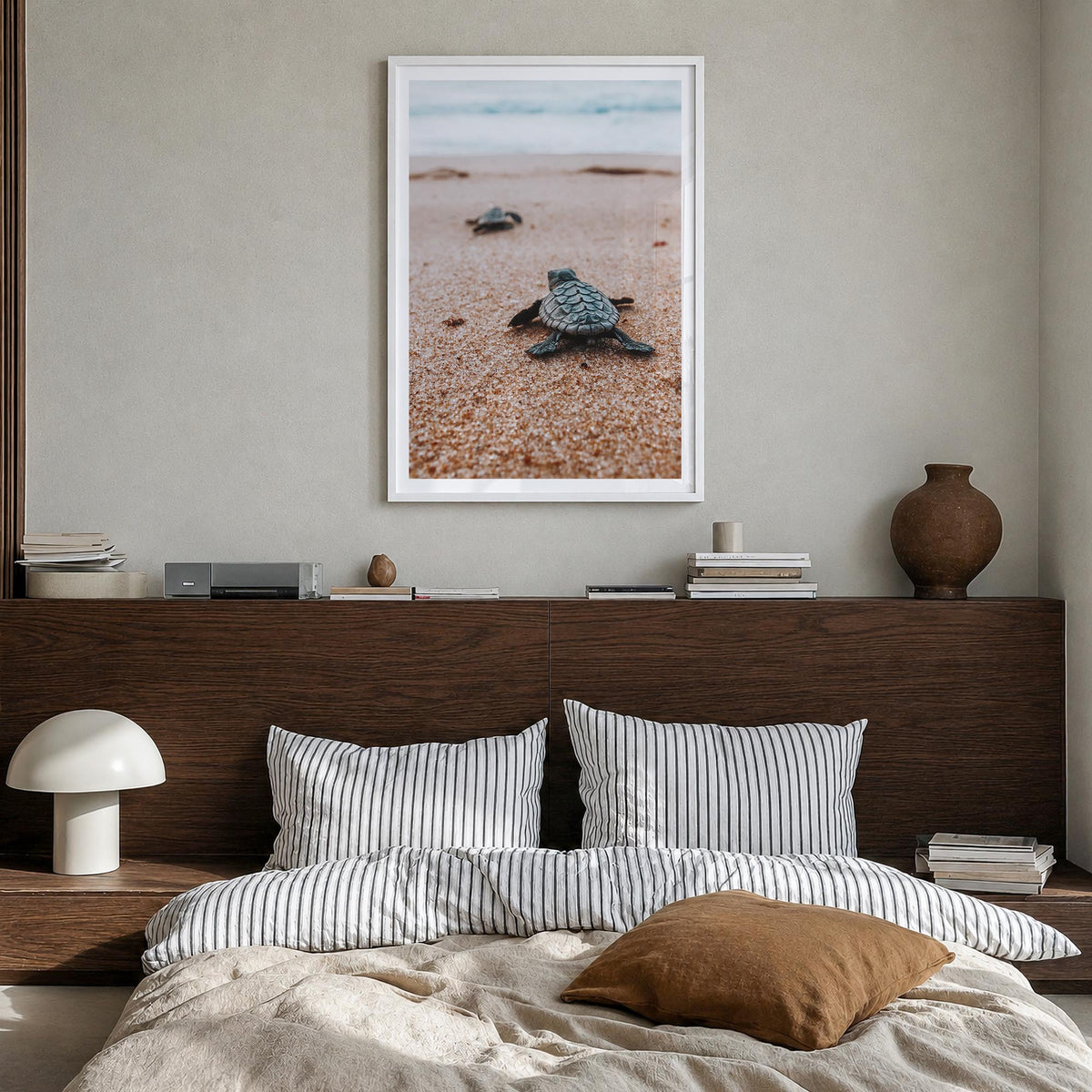 Baby Turtles no. 2 colorful photo poster – vertical wall art in white wood frame with white border, hanging on wall