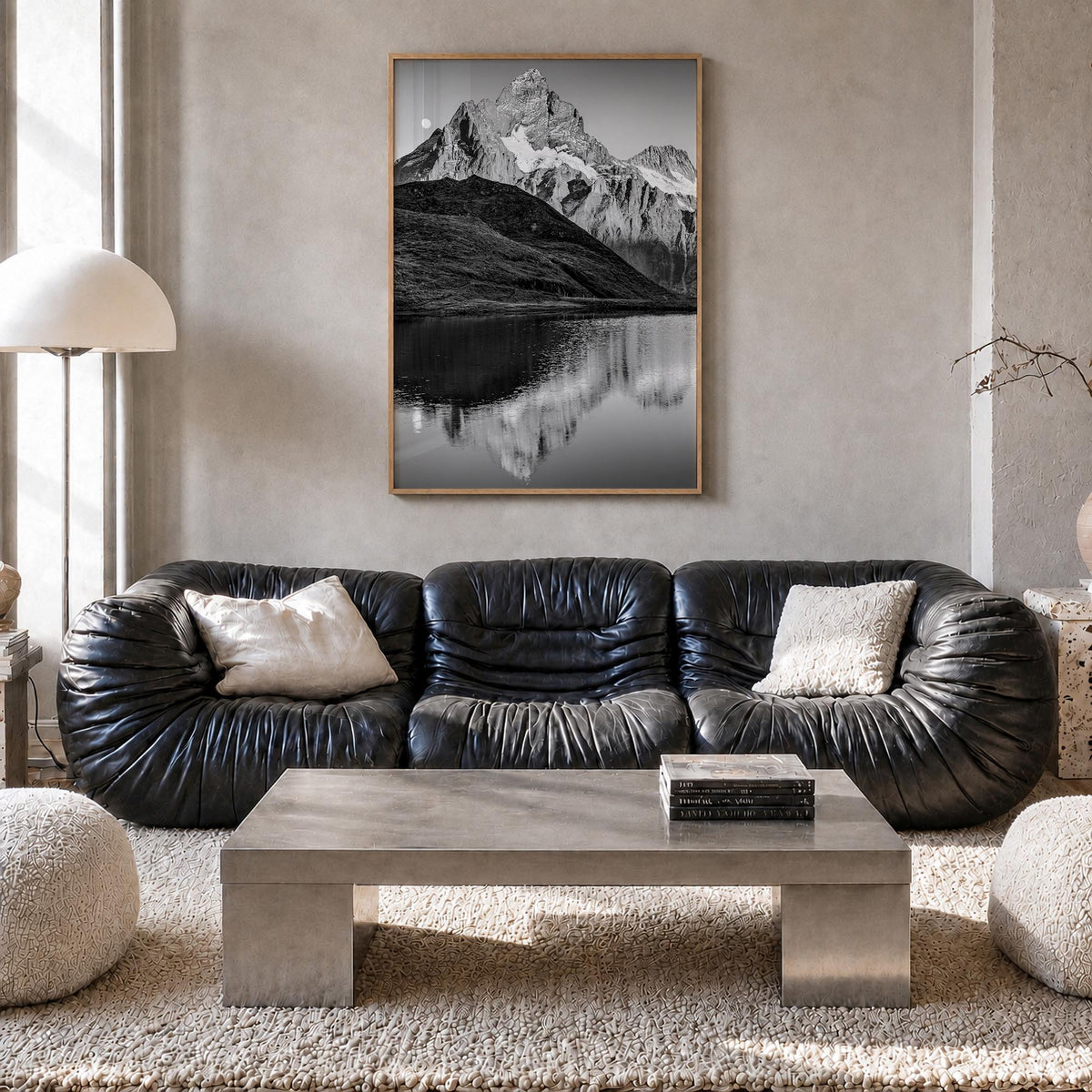 Bachalpsee black & white photo poster of Switzerland – vertical wall art in natural wood frame, hanging on wall
