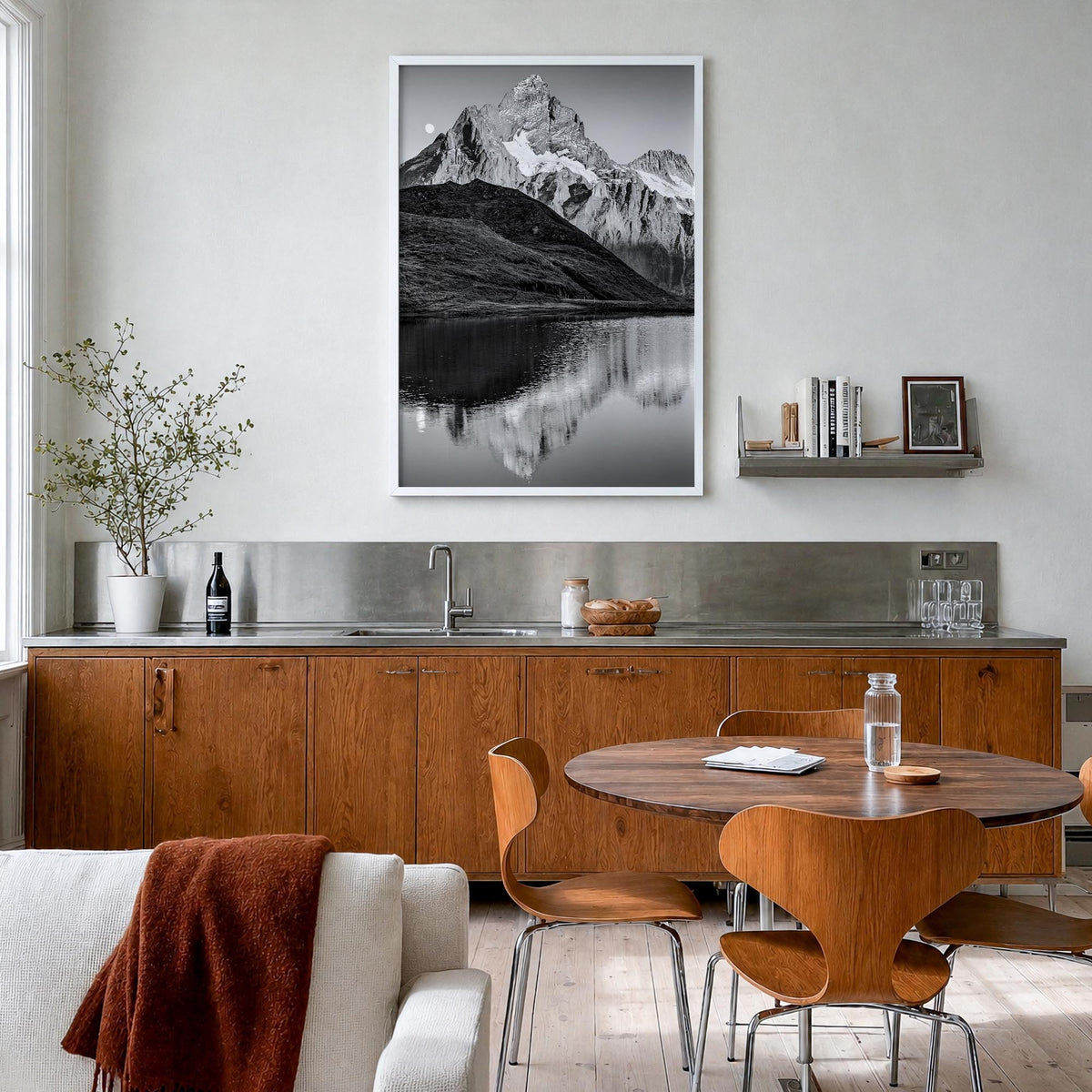 Bachalpsee black & white photo poster of Switzerland – vertical wall art in white wood frame, hanging on wall
