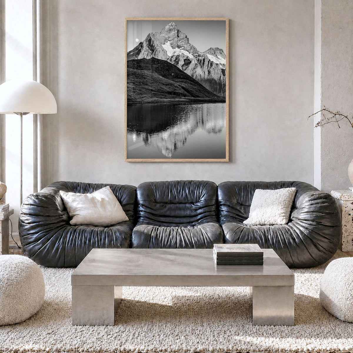 Bachalpsee Photo Poster in a natural wood frame, hanging in a living room, full image (no border)