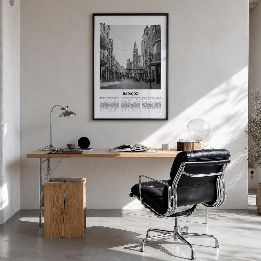 Badajoz black & white newspaper poster of Spain – vertical wall art in black wood frame, hanging on wall