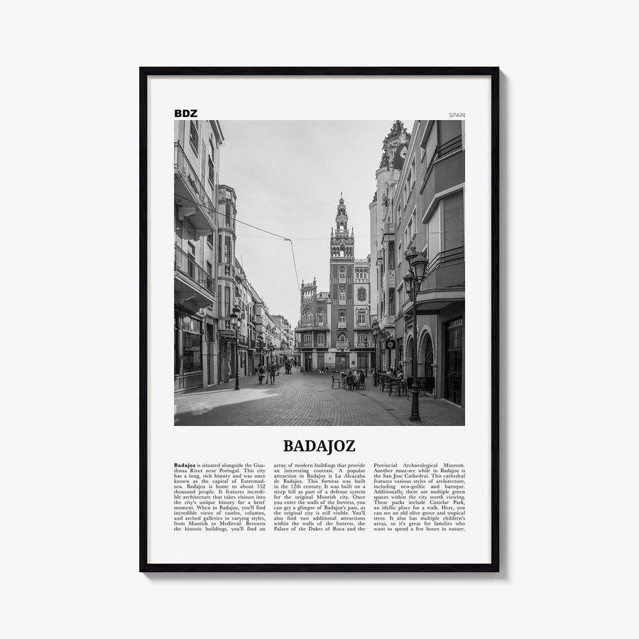 Badajoz black & white newspaper poster of Spain – vertical wall art, unframed print shown in interior mockup