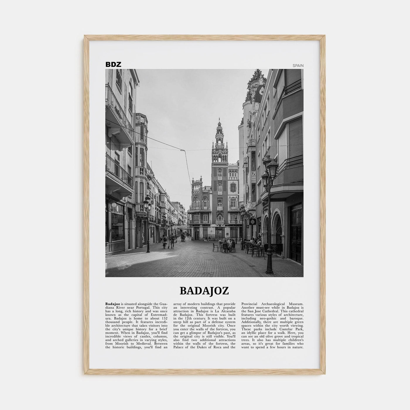 Badajoz Poster Natural Wood / 8x12 in Nbourhood Travel B&W Poster