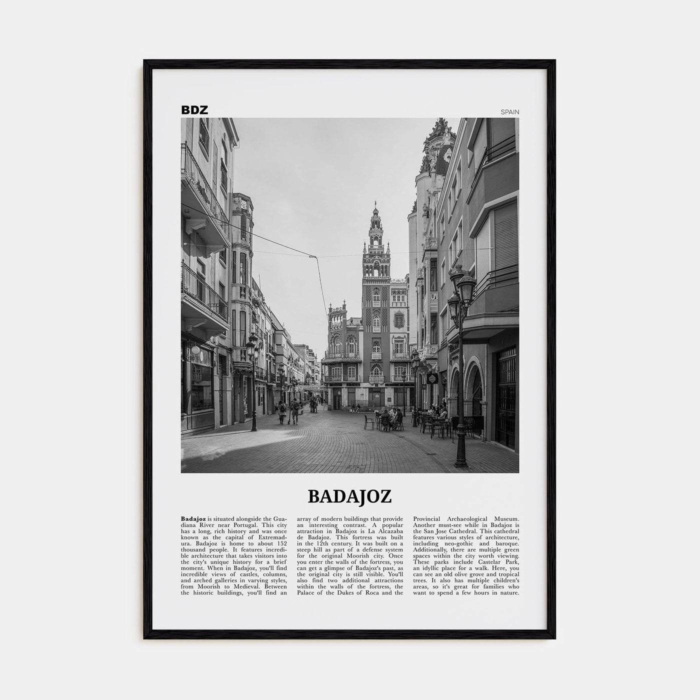 Badajoz Poster Black Wood / 8x12 in Nbourhood Travel B&W Poster