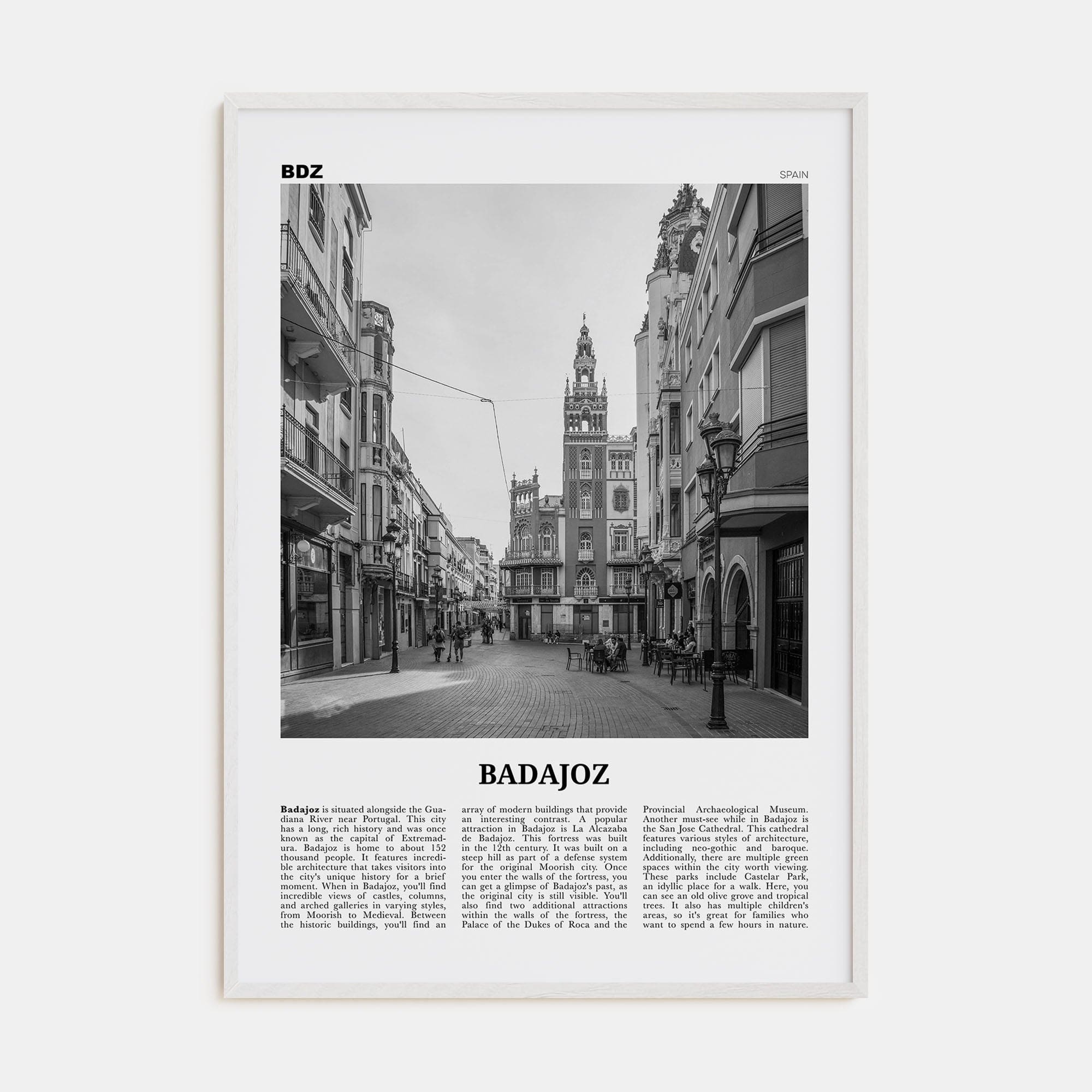 Badajoz Poster White Wood / 8x12 in Nbourhood Travel B&W Poster