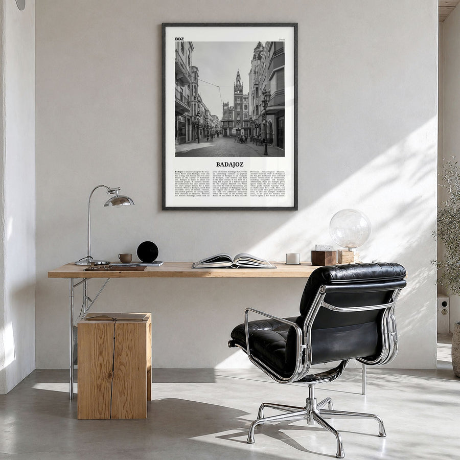 Badajoz Newspaper Poster in a black wood frame, hanging in a bright home office