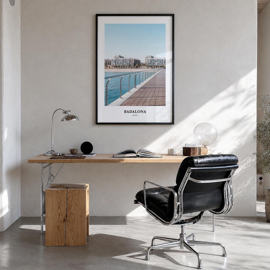 Badalona colorful classic poster of Spain – vertical wall art in black wood frame, hanging on wall