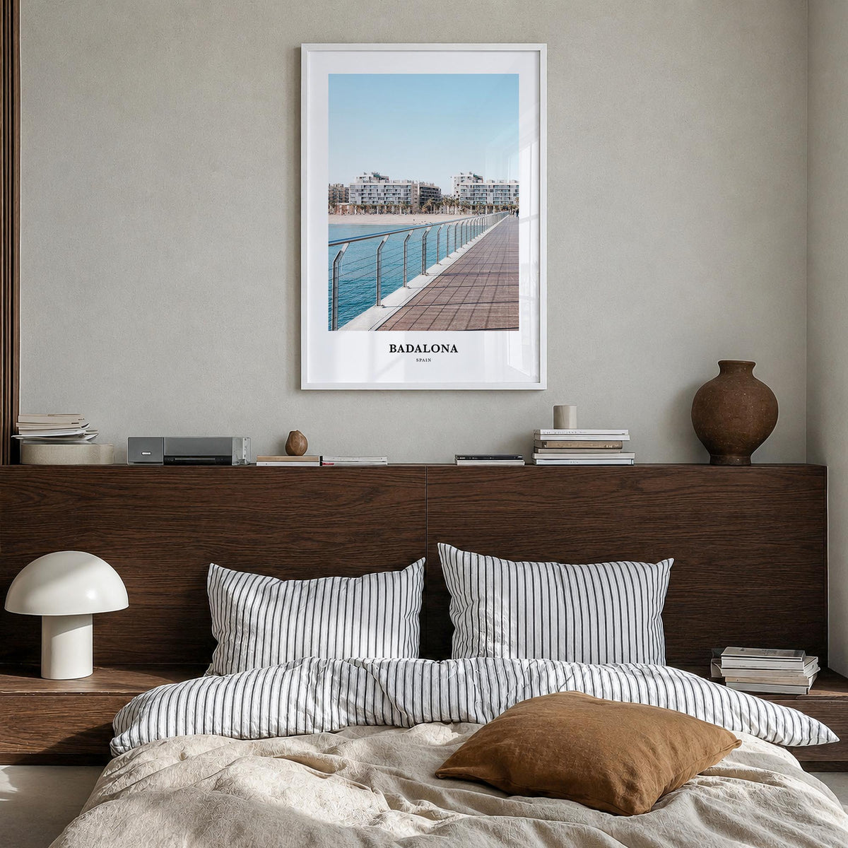 Badalona colorful classic poster of Spain – vertical wall art in white wood frame, hanging on wall