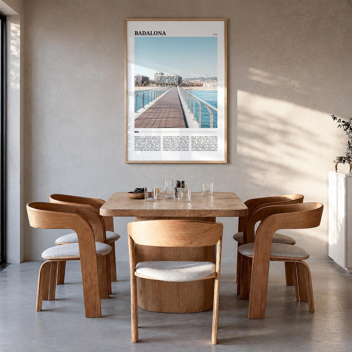 Badalona colorful travel poster of Spain – vertical wall art in natural wood frame, hanging on wall