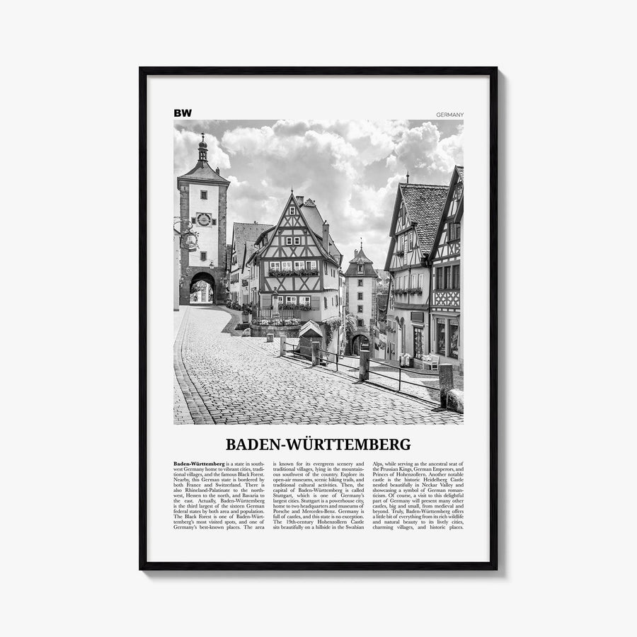 Baden-Württemberg no. 1 black & white newspaper poster of Germany – vertical wall art, unframed print shown in interior mocku