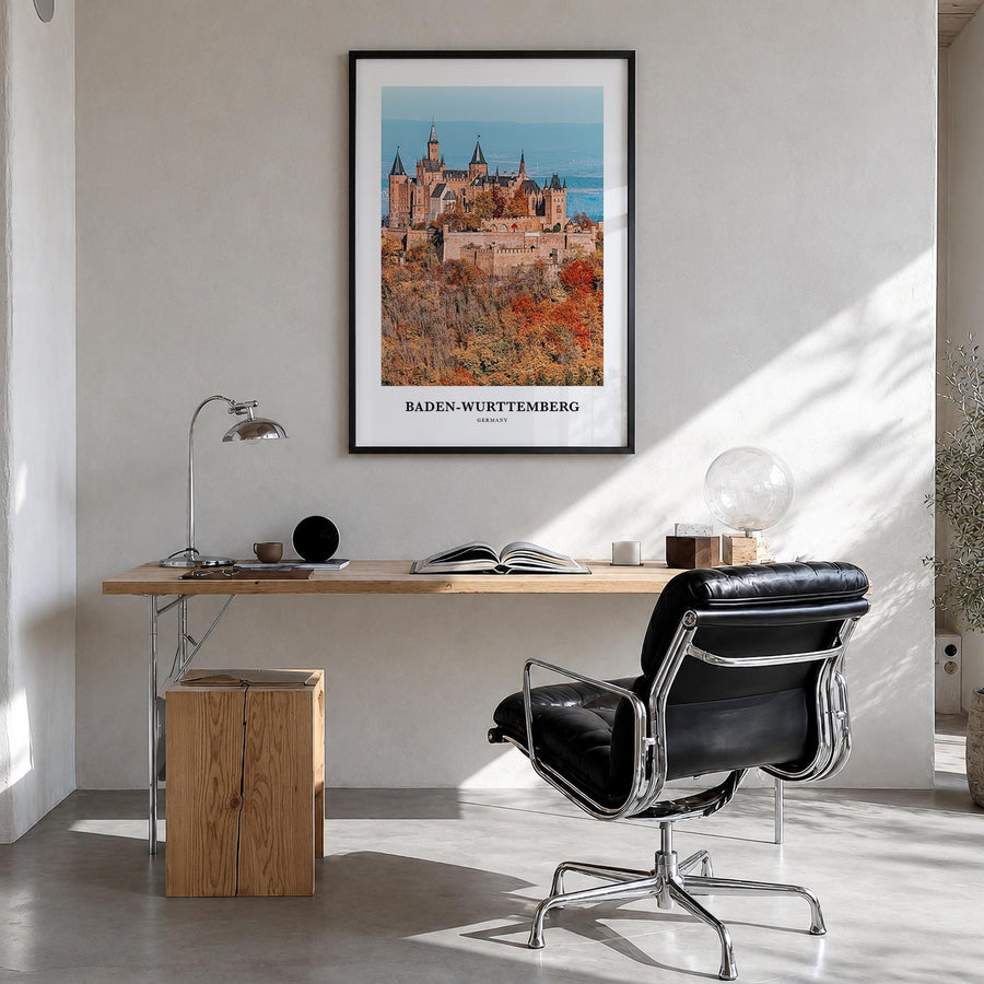 Baden-Württemberg no. 1 colorful classic poster of Germany – vertical wall art in black wood frame, hanging on wall