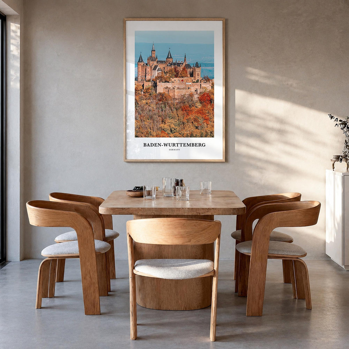 Baden-Württemberg no. 1 colorful classic poster of Germany – vertical wall art in natural wood frame, hanging on wall