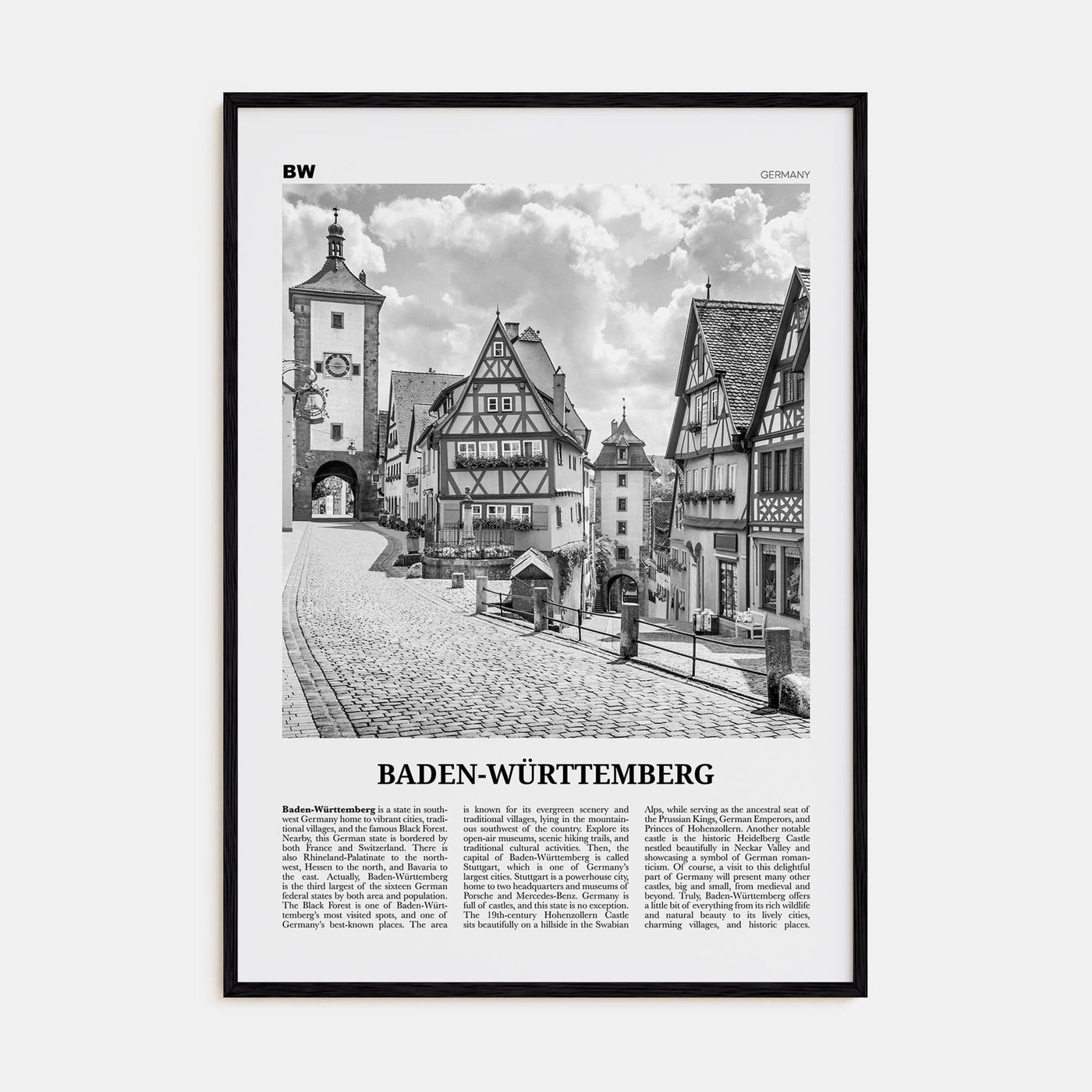 Baden-Württemberg No 1 Poster Black Wood / 8x12 in Nbourhood Travel B&W Poster