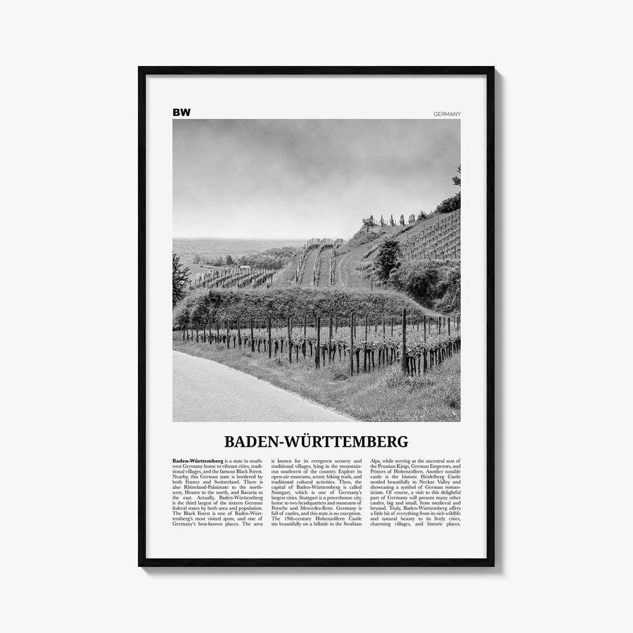Baden-Württemberg no. 2 black & white newspaper poster of Germany – vertical wall art, unframed print shown in interior mocku
