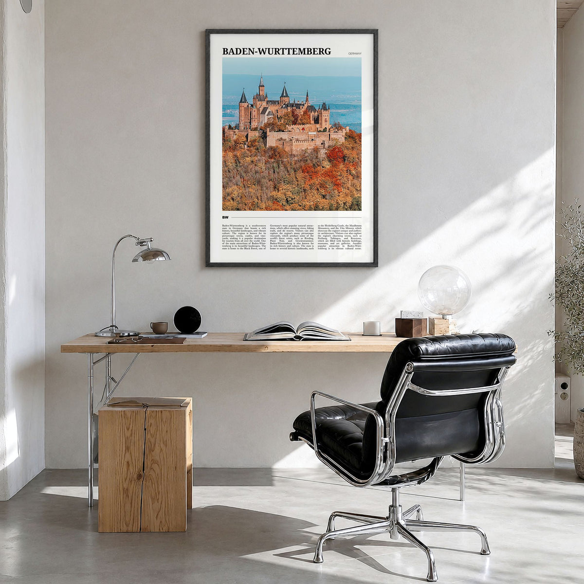 Baden-Württemberg Travel No 1 Poster in a black wood frame, hanging in a bright home office