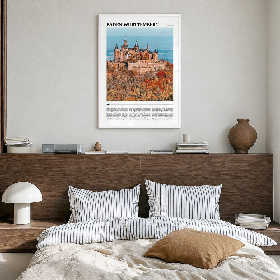 Baden-Württemberg Travel No 1 Poster in a white wood frame, hanging in a bedroom