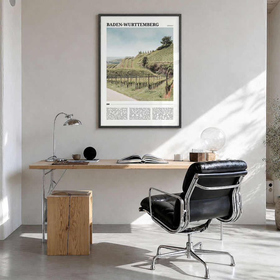 Baden-Württemberg Travel No 2 Poster in a black wood frame, hanging in a bright home office