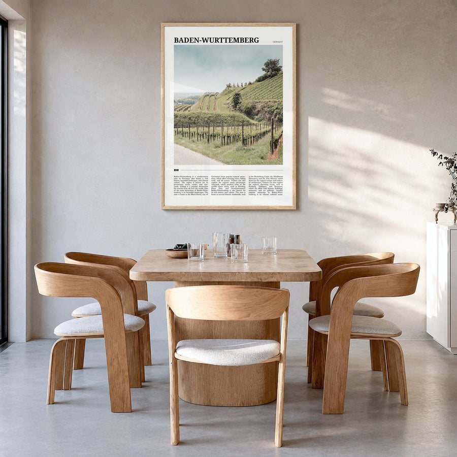 Baden-Württemberg Travel No 2 Poster in a natural wood frame, hanging in a dining room