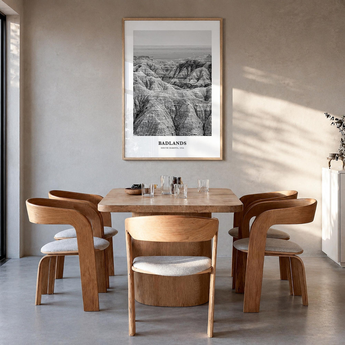 Badlands National Park black & white classic poster of South Dakota, USA – vertical wall art in natural wood frame, hanging o