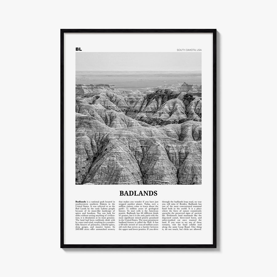 Badlands National Park black & white newspaper poster of South Dakota, USA – vertical wall art, unframed print shown in inter