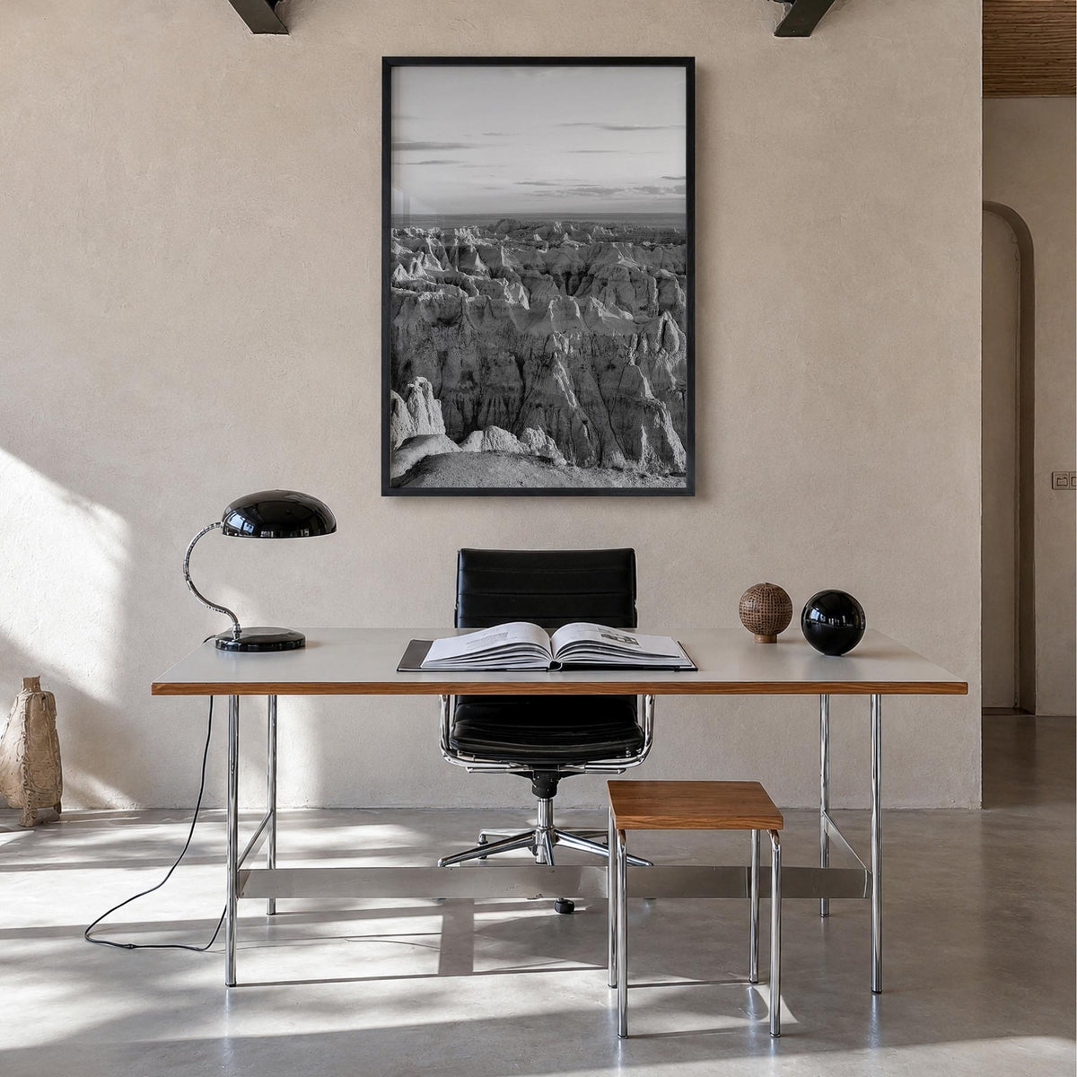 Badlands National Park black & white photo poster of South Dakota, USA – vertical wall art in black wood frame, hanging on wa