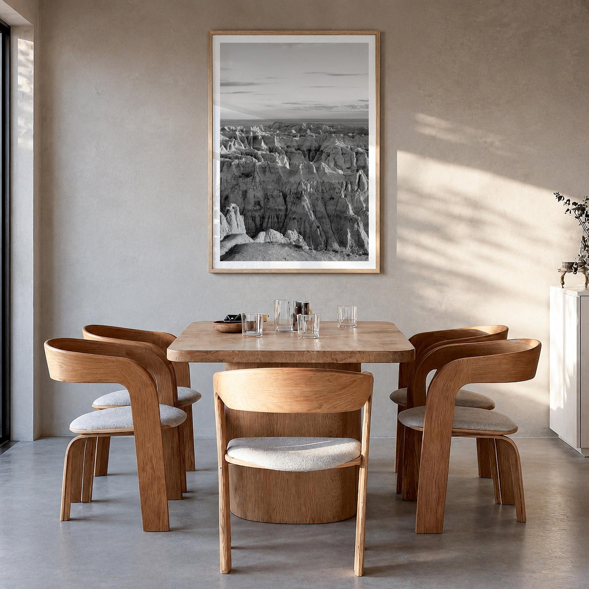 Badlands National Park black & white photo poster of South Dakota, USA – vertical wall art in natural wood frame with white b