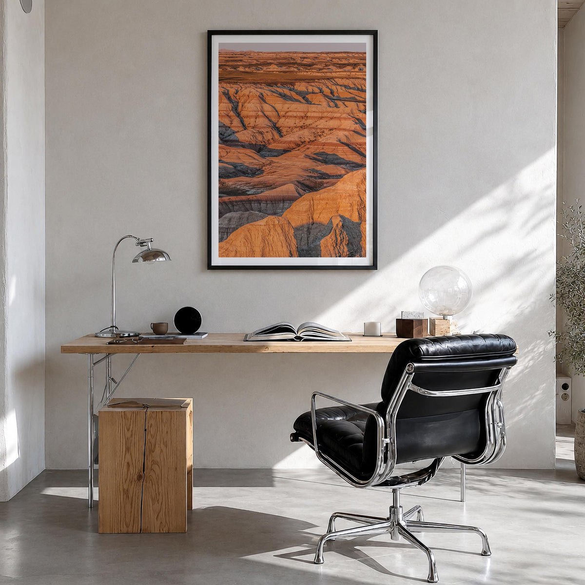 Badlands National Park colorful photo poster of South Dakota, USA – vertical wall art in black wood frame with white border, 
