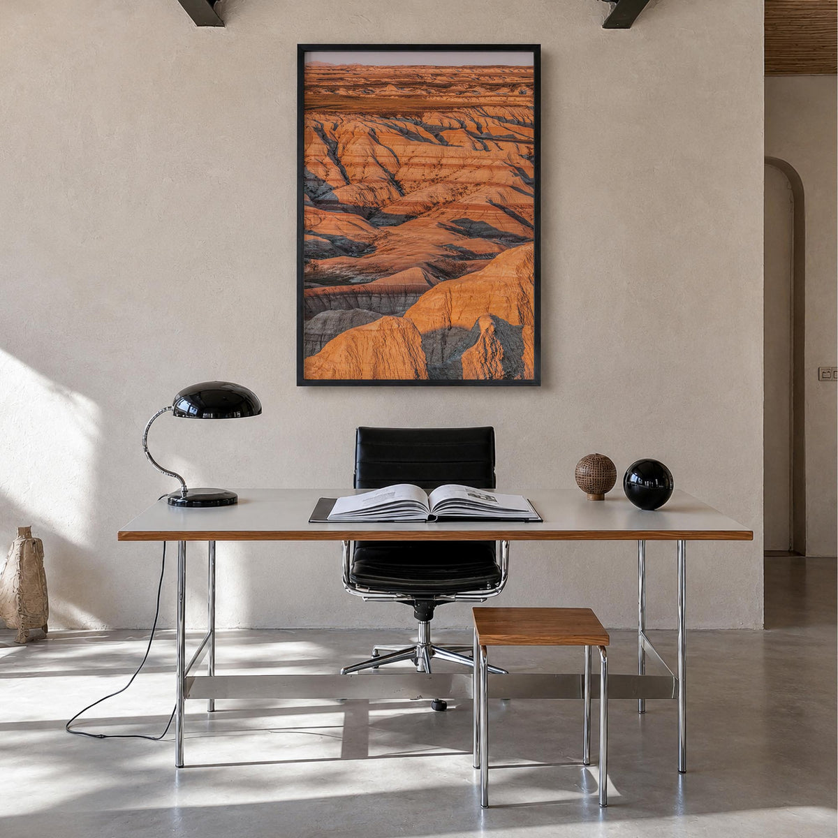 Badlands National Park colorful photo poster of South Dakota, USA – vertical wall art in black wood frame, hanging on wall