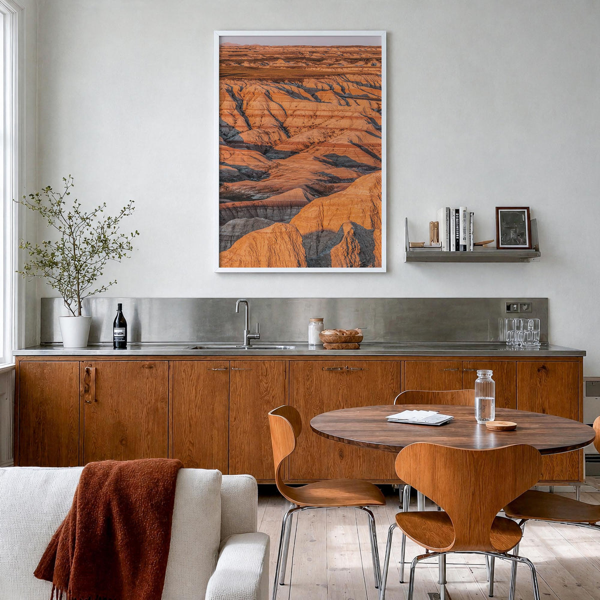 Badlands National Park colorful photo poster of South Dakota, USA – vertical wall art in white wood frame, hanging on wall
