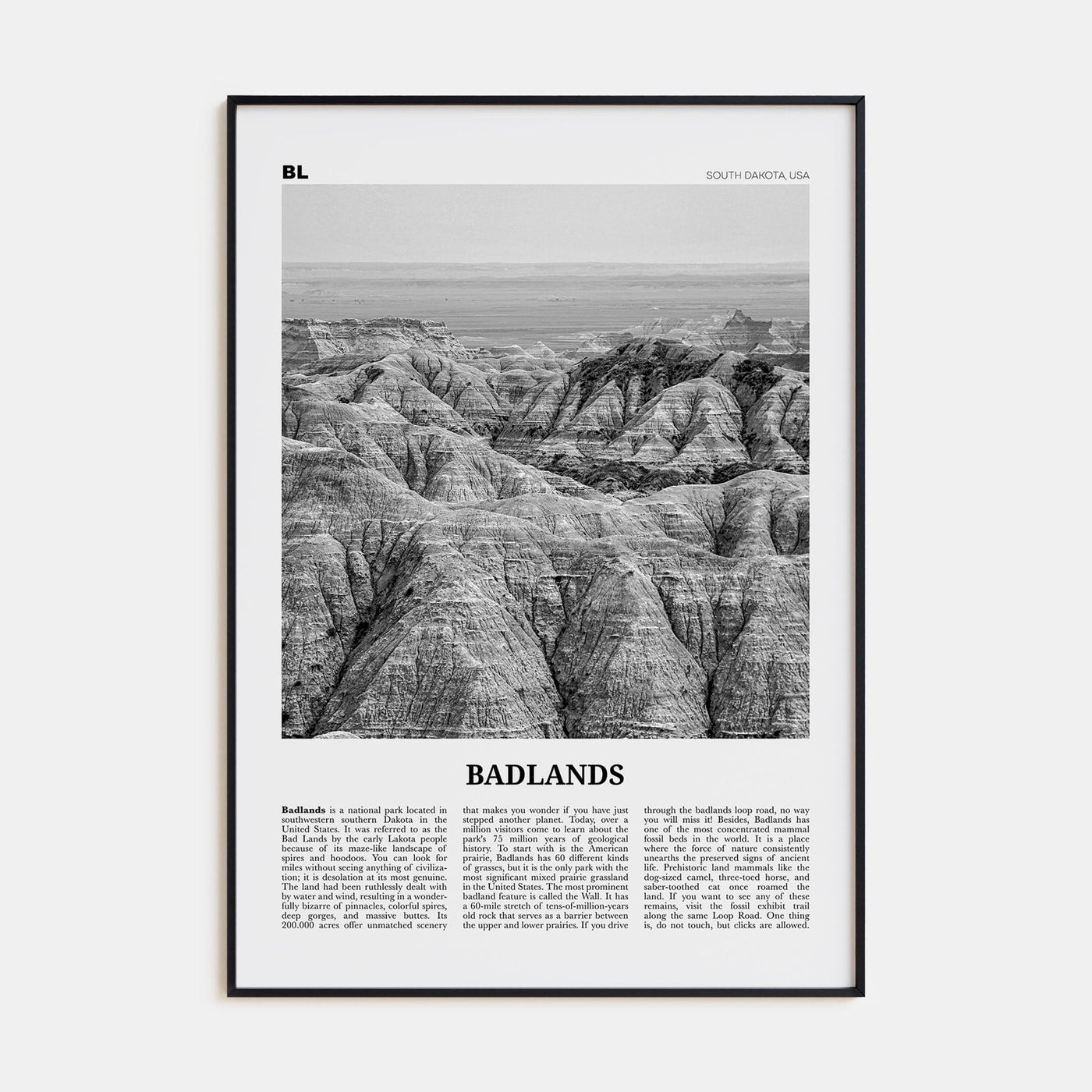 Badlands National Park Poster Black Metal / 8x12 in Nbourhood Travel B&W Poster