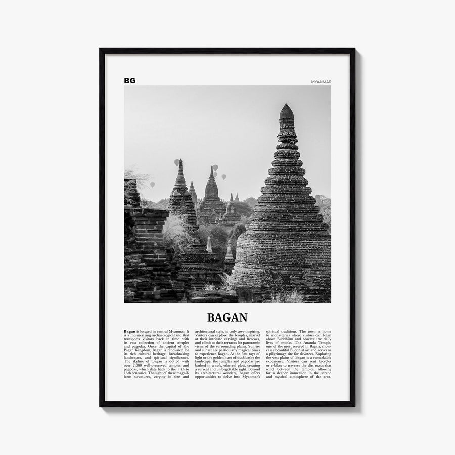Bagan black & white newspaper poster of Myanmar – vertical wall art, unframed print shown in interior mockup
