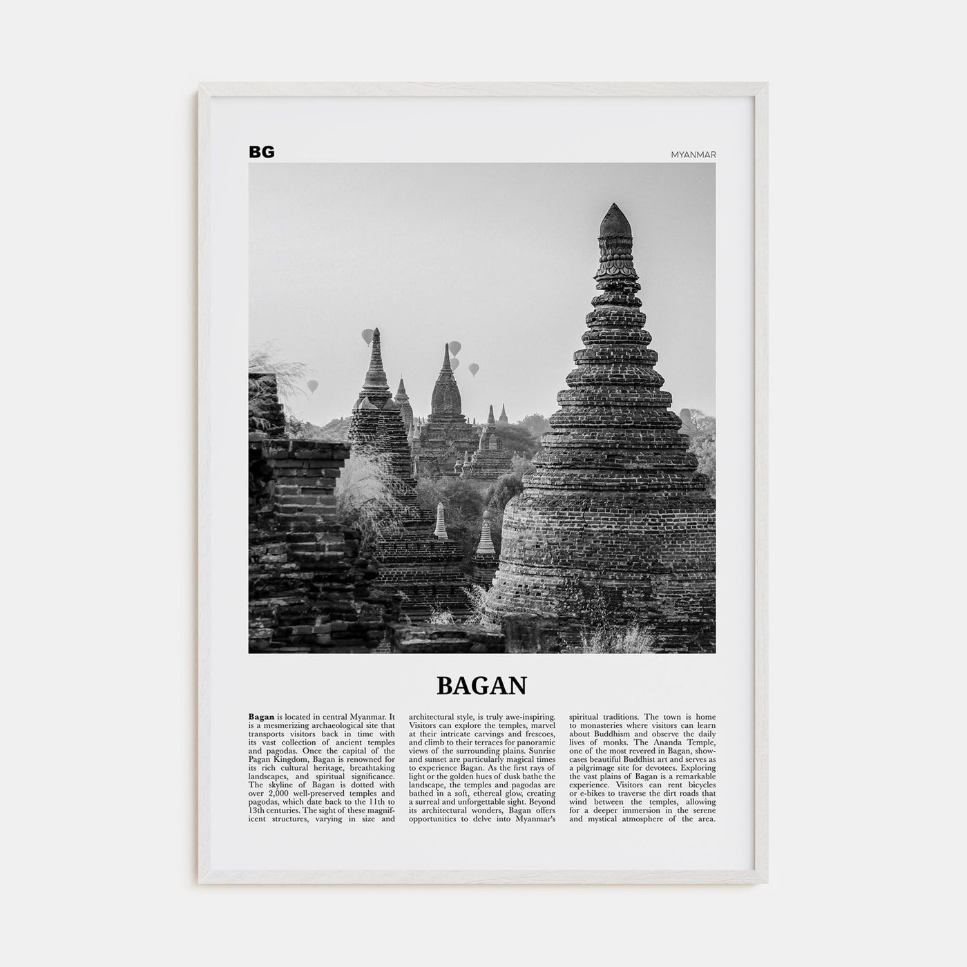 Bagan Poster White Wood / 8x12 in Nbourhood Travel B&W Poster