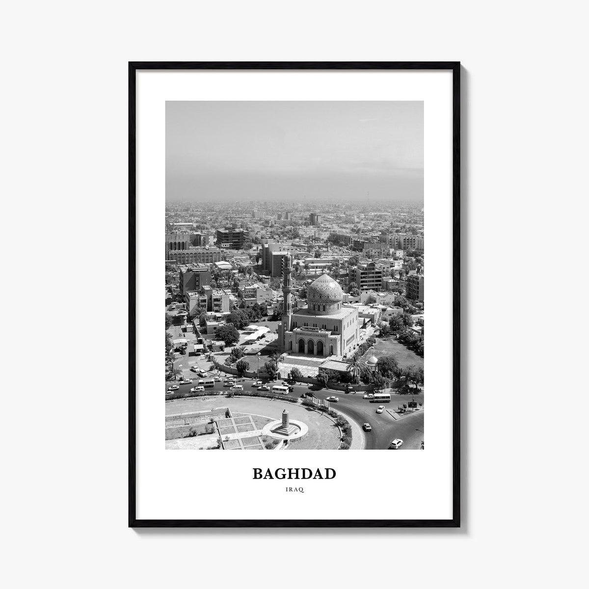 Baghdad black & white classic poster of Iraq – vertical wall art, unframed print shown in interior mockup