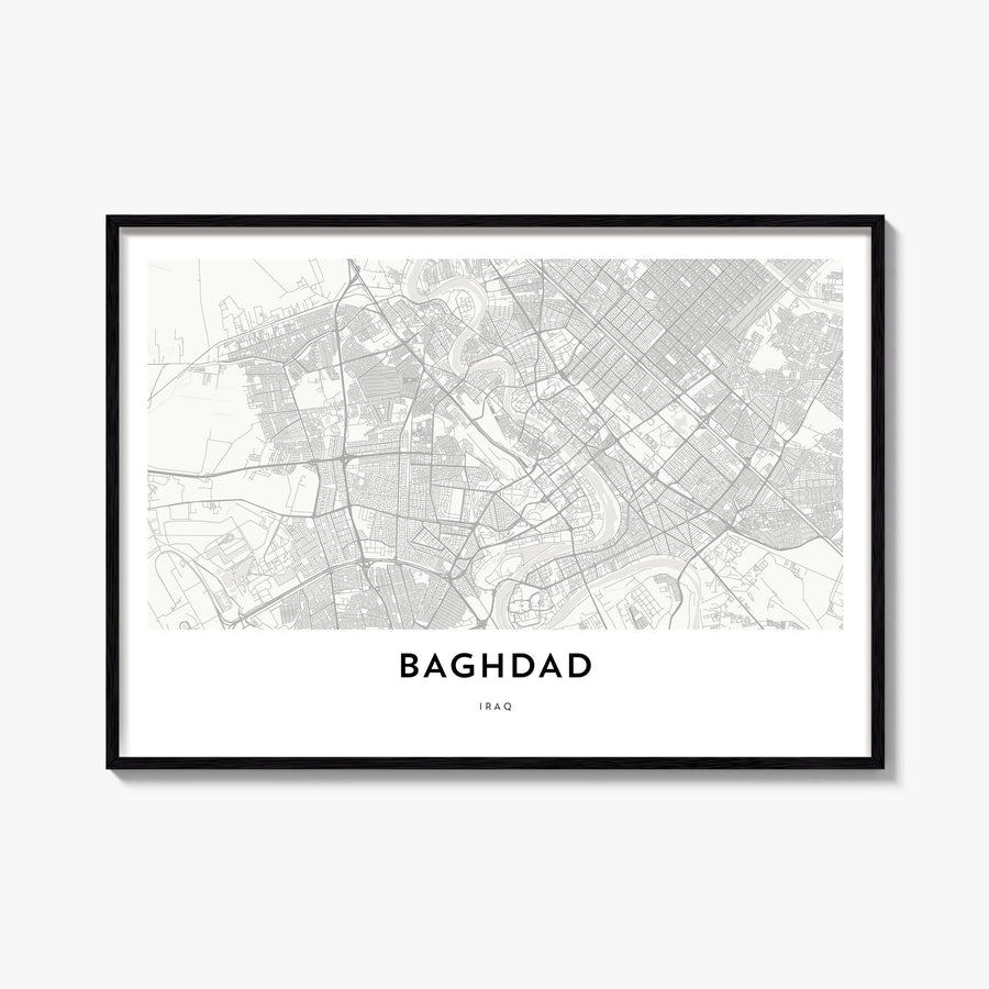 Baghdad black & white map poster of Iraq – horizontal wall art, unframed print shown in interior mockup